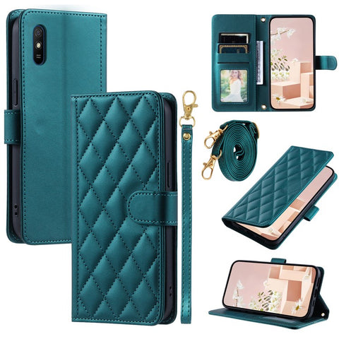 For Xiaomi Redmi 9A / 9AT / 9i Phone Case Rhombus Grid Leather Wallet Stand Cover with 2 Straps