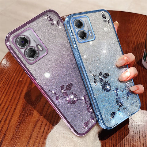 KADEM For Motorola Moto G73 5G TPU Case Sparkle Flower Gradient Phone Cover with Lanyard