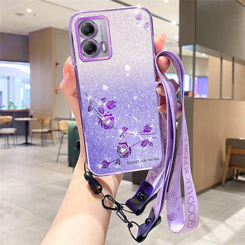 KADEM For Motorola Moto G73 5G TPU Case Sparkle Flower Gradient Phone Cover with Lanyard