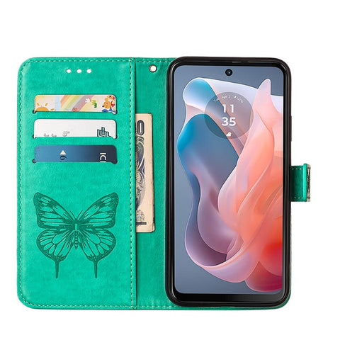 For Motorola Moto G Play 5G (2024) / Moto G 5G (2024) Wallet Case with Wrist Strap Butterfly Imprint Leather Phone Cover