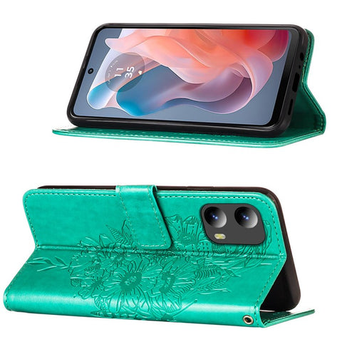 For Motorola Moto G Play 5G (2024) / Moto G 5G (2024) Wallet Case with Wrist Strap Butterfly Imprint Leather Phone Cover