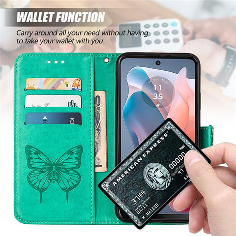 For Motorola Moto G Play 5G (2024) / Moto G 5G (2024) Wallet Case with Wrist Strap Butterfly Imprint Leather Phone Cover