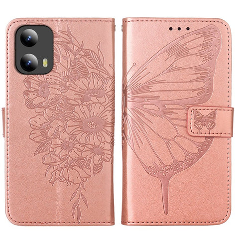 For Motorola Moto G Play 5G (2024) / Moto G 5G (2024) Wallet Case with Wrist Strap Butterfly Imprint Leather Phone Cover