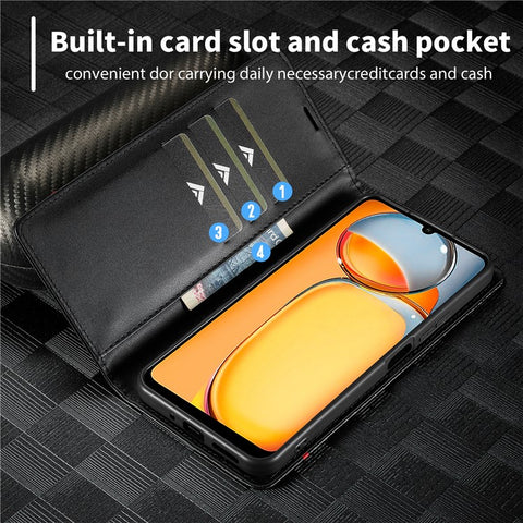 LC.IMEEKE For Xiaomi Redmi 13C 4G / 5G / 13R 5G / Poco M6 5G / Poco C65 4G Wallet Case PU Leather Carbon Fiber Texture Phone Cover