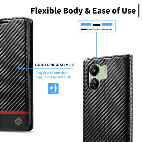 LC.IMEEKE For Xiaomi Redmi 13C 4G / 5G / 13R 5G / Poco M6 5G / Poco C65 4G Wallet Case PU Leather Carbon Fiber Texture Phone Cover