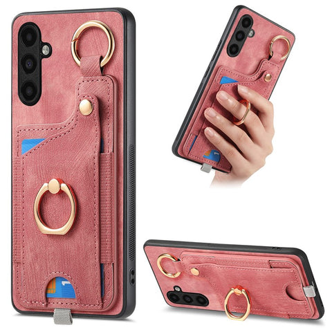 For Samsung Galaxy M14 4G Cell Phone Case Card Holder Scratch-resistant Cover with Ring Kickstand