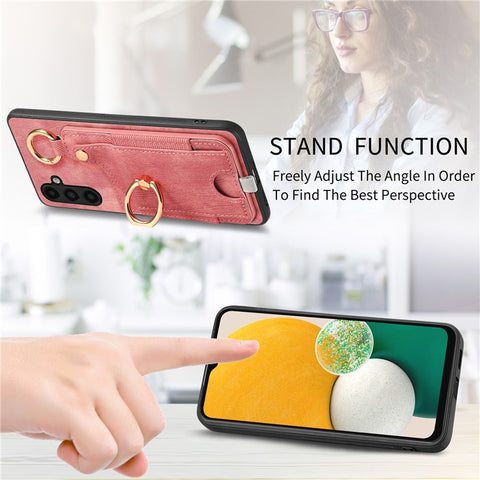 For Samsung Galaxy M14 4G Cell Phone Case Card Holder Scratch-resistant Cover with Ring Kickstand