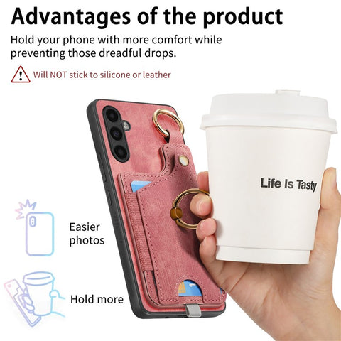 For Samsung Galaxy M14 4G Cell Phone Case Card Holder Scratch-resistant Cover with Ring Kickstand