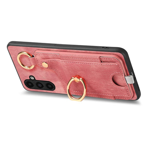 For Samsung Galaxy M14 4G Cell Phone Case Card Holder Scratch-resistant Cover with Ring Kickstand