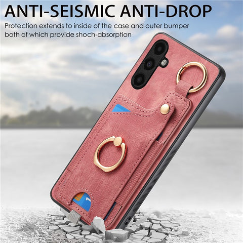 For Samsung Galaxy M14 4G Cell Phone Case Card Holder Scratch-resistant Cover with Ring Kickstand