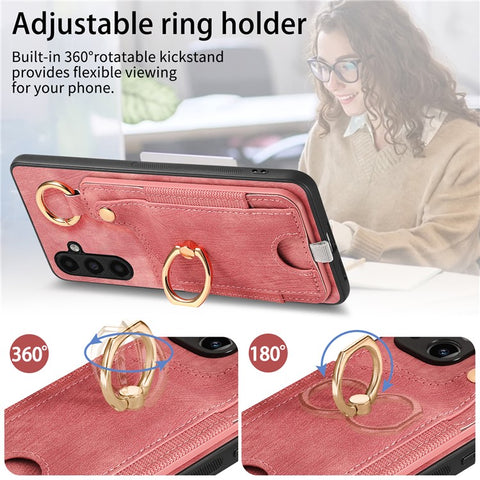 For Samsung Galaxy M14 4G Cell Phone Case Card Holder Scratch-resistant Cover with Ring Kickstand