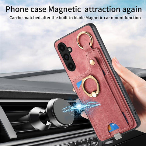 For Samsung Galaxy M14 4G Cell Phone Case Card Holder Scratch-resistant Cover with Ring Kickstand