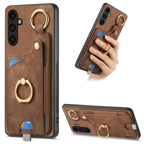 For Samsung Galaxy M14 4G Cell Phone Case Card Holder Scratch-resistant Cover with Ring Kickstand