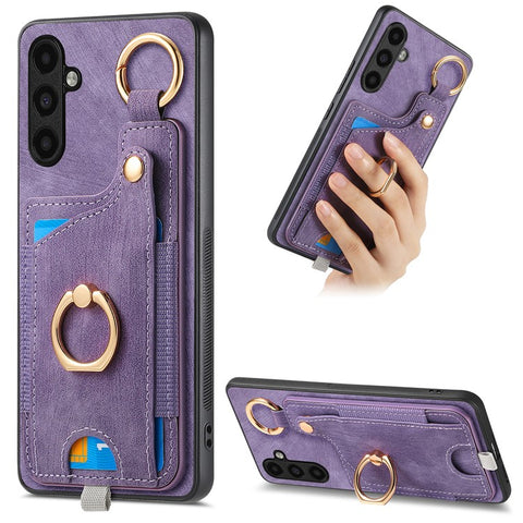 For Samsung Galaxy M14 4G Cell Phone Case Card Holder Scratch-resistant Cover with Ring Kickstand