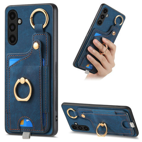 For Samsung Galaxy M14 4G Cell Phone Case Card Holder Scratch-resistant Cover with Ring Kickstand