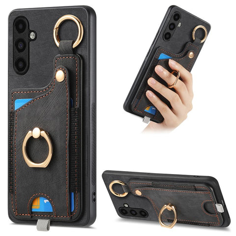 For Samsung Galaxy M14 4G Cell Phone Case Card Holder Scratch-resistant Cover with Ring Kickstand