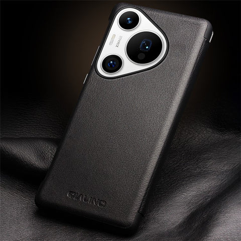 QIALINO For Huawei Pura 70 Case Flip Genuine Cow Leather Window View Phone Cover