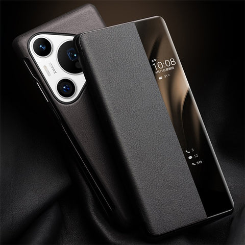 QIALINO For Huawei Pura 70 Case Flip Genuine Cow Leather Window View Phone Cover