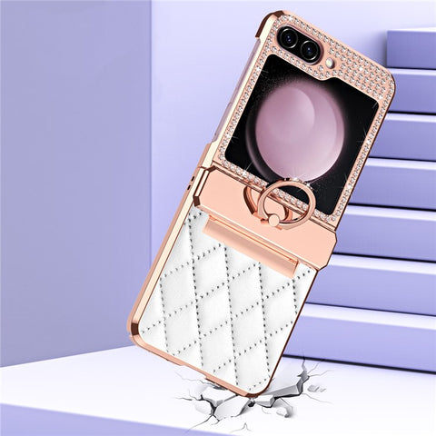 For Samsung Galaxy Z Flip7 FE 5G / Z Flip6 5G / Z Flip5 5G Case Rhinestone Decor Leather+PC Rhombus Phone Cover