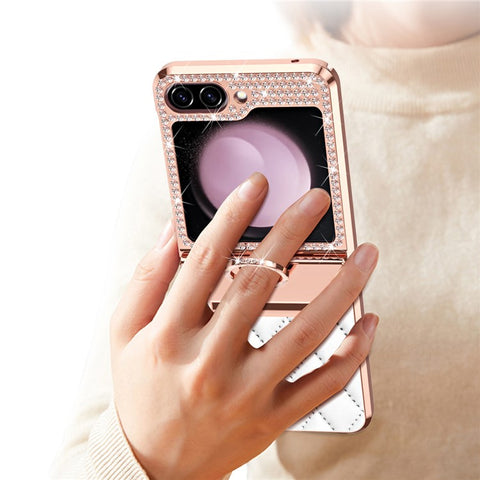 For Samsung Galaxy Z Flip7 FE 5G / Z Flip6 5G / Z Flip5 5G Case Rhinestone Decor Leather+PC Rhombus Phone Cover