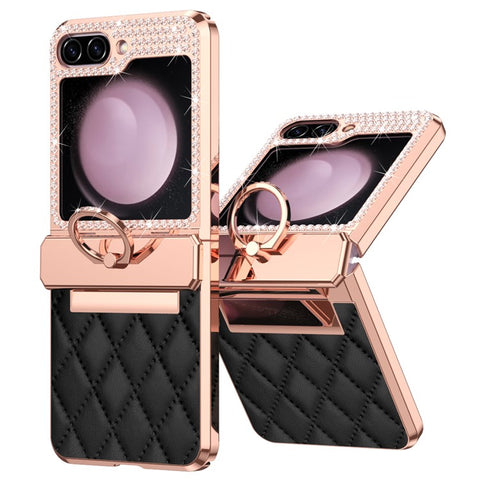 For Samsung Galaxy Z Flip7 FE 5G / Z Flip6 5G / Z Flip5 5G Case Rhinestone Decor Leather+PC Rhombus Phone Cover