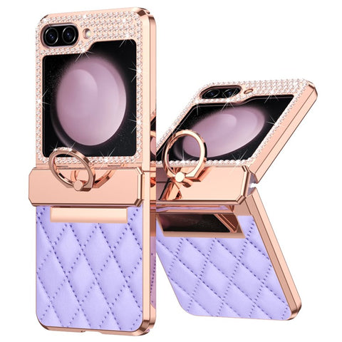 For Samsung Galaxy Z Flip7 FE 5G / Z Flip6 5G / Z Flip5 5G Case Rhinestone Decor Leather+PC Rhombus Phone Cover