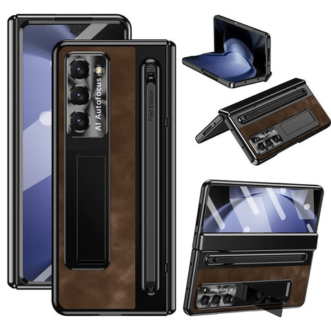 For Samsung Galaxy Z Fold6 5G Kickstand Case Leather+PC Phone Cover with Tempered Glass Film and Stylus