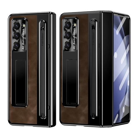 For Samsung Galaxy Z Fold6 5G Kickstand Case Leather+PC Phone Cover with Tempered Glass Film and Stylus