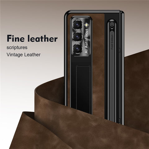For Samsung Galaxy Z Fold6 5G Kickstand Case Leather+PC Phone Cover with Tempered Glass Film and Stylus