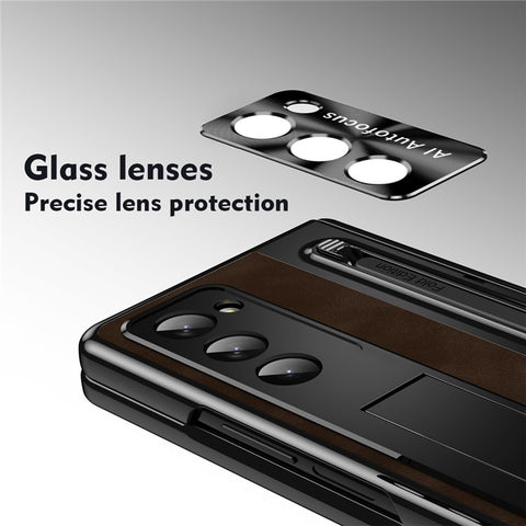 For Samsung Galaxy Z Fold6 5G Kickstand Case Leather+PC Phone Cover with Tempered Glass Film and Stylus