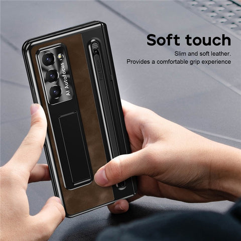 For Samsung Galaxy Z Fold6 5G Kickstand Case Leather+PC Phone Cover with Tempered Glass Film and Stylus