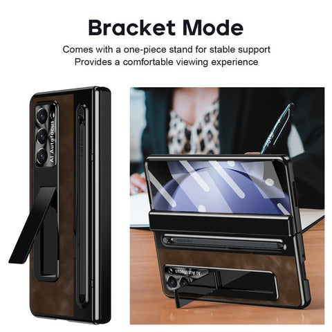For Samsung Galaxy Z Fold6 5G Kickstand Case Leather+PC Phone Cover with Tempered Glass Film and Stylus