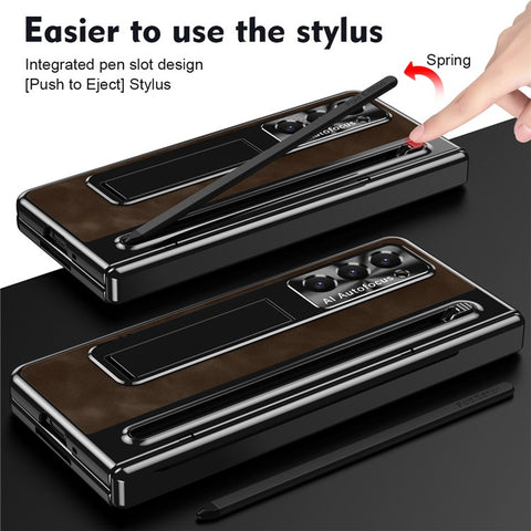 For Samsung Galaxy Z Fold6 5G Kickstand Case Leather+PC Phone Cover with Tempered Glass Film and Stylus