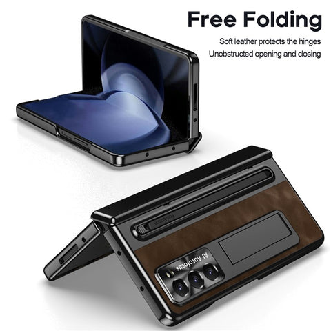 For Samsung Galaxy Z Fold6 5G Kickstand Case Leather+PC Phone Cover with Tempered Glass Film and Stylus