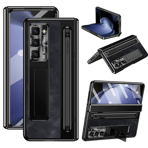 For Samsung Galaxy Z Fold6 5G Kickstand Case Leather+PC Phone Cover with Tempered Glass Film and Stylus