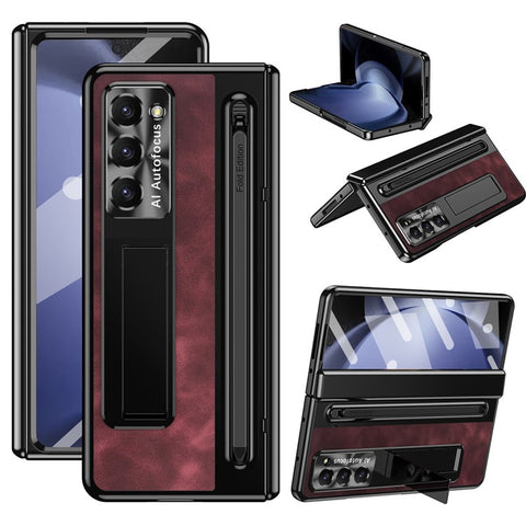 For Samsung Galaxy Z Fold6 5G Kickstand Case Leather+PC Phone Cover with Tempered Glass Film and Stylus