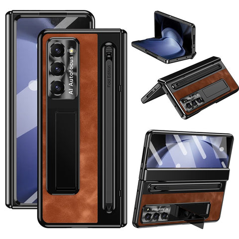 For Samsung Galaxy Z Fold6 5G Kickstand Case Leather+PC Phone Cover with Tempered Glass Film and Stylus