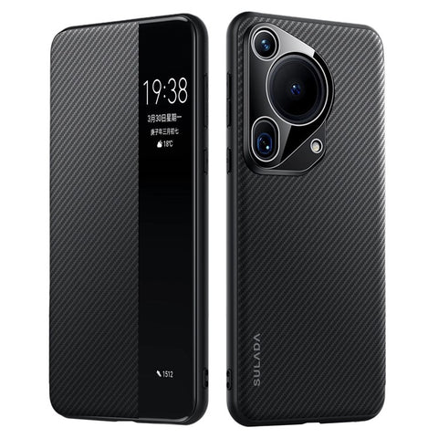 SULADA For Huawei Pura 70 Ultra Case Carbon Fiber Texture Leather Phone Cover Auto Sleep / Wake Up