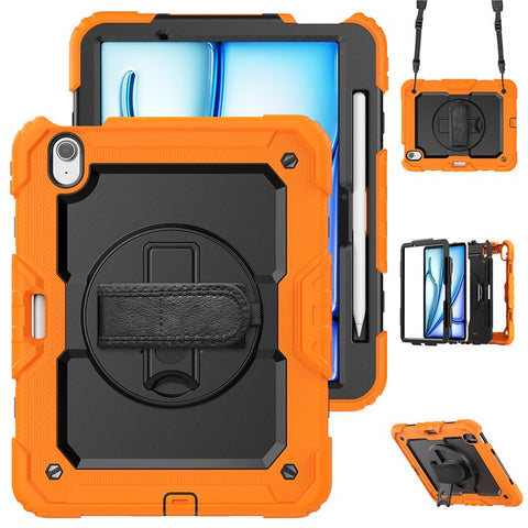 For iPad Air 11 (2026) / (2025) / (2024) Case Rotating Kickstand PC+Silicone Tablet Cover with Screen Film / Shoulder Strap