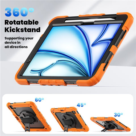 For iPad Air 11 (2026) / (2025) / (2024) Case Rotating Kickstand PC+Silicone Tablet Cover with Screen Film / Shoulder Strap