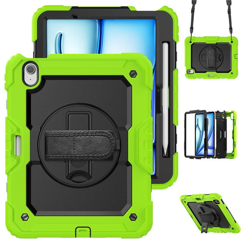 For iPad Air 11 (2026) / (2025) / (2024) Case Rotating Kickstand PC+Silicone Tablet Cover with Screen Film / Shoulder Strap
