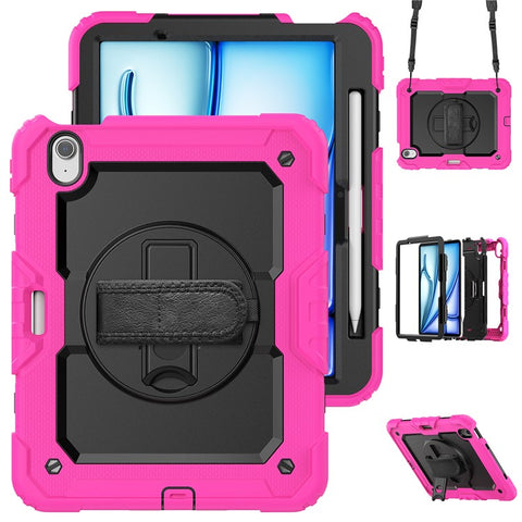 For iPad Air 11 (2026) / (2025) / (2024) Case Rotating Kickstand PC+Silicone Tablet Cover with Screen Film / Shoulder Strap