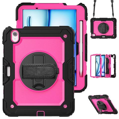 For iPad Air 11 (2026) / (2025) / (2024) Case Rotating Kickstand PC+Silicone Tablet Cover with Screen Film / Shoulder Strap