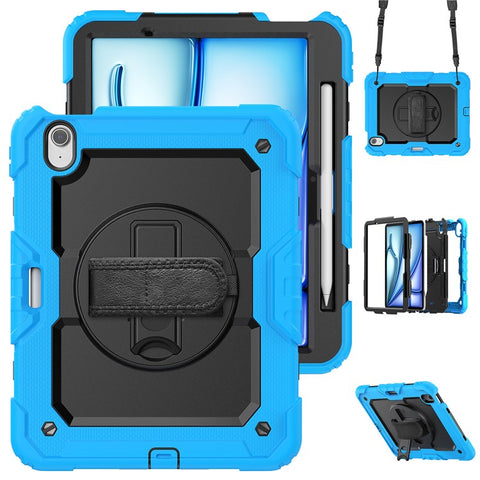 For iPad Air 11 (2026) / (2025) / (2024) Case Rotating Kickstand PC+Silicone Tablet Cover with Screen Film / Shoulder Strap