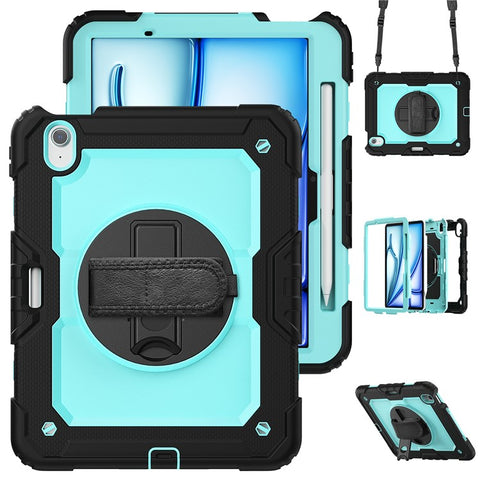 For iPad Air 11 (2026) / (2025) / (2024) Case Rotating Kickstand PC+Silicone Tablet Cover with Screen Film / Shoulder Strap