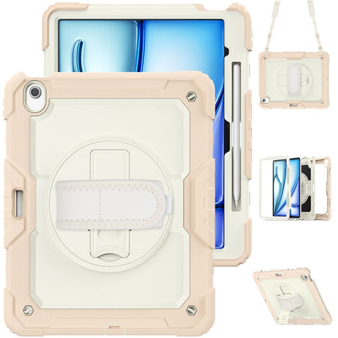 For iPad Air 13 (2024) Case Full Protection PC+Silicone Tablet Cover with Hand Strap+Shoulder Strap