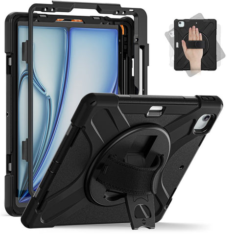 For iPad Air 13 (2025) / (2024) Case Rotary Kickstand PC+Silicone Hand Strap Tablet Cover