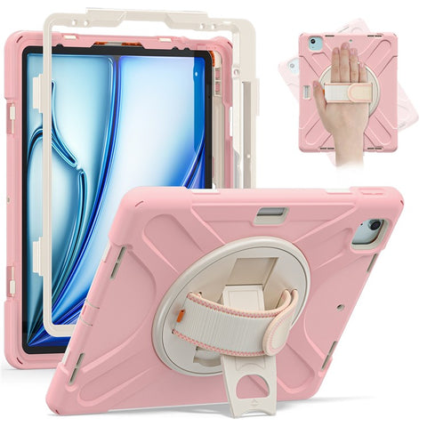 For iPad Air 13 (2025) / (2024) Case Rotary Kickstand PC+Silicone Hand Strap Tablet Cover