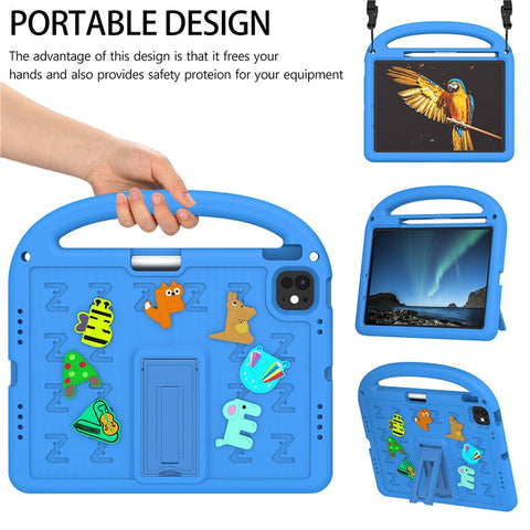 For iPad Air 11 (2026) / (2025) / (2024) / iPad Pro 11 (2025) / 11 (2024) Kickstand Case Cartoon Design Anti-Drop EVA+PC Tablet Cover with Strap for Kids