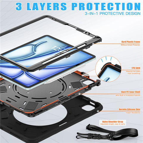 For iPad Air 13 (2026) / (2025) / (2024) / Pro 12.9 (2022) / (2021) / (2020) / (2018) Case with Shoulder Strap Kickstand Tablet Cover